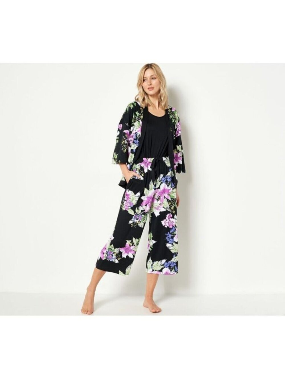 Carole Hochman Womens 3 Piece Sleep Set sz PL Feather Soft Black Floral A474851